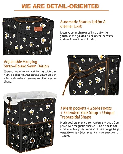 Image of Pritent Car Trash Can with Lid Leakproof Car Garbage Bag Vehicle Trash Bin | Hanging Automotive Garbage Can,Multipurpose Car Accessories for Women Men Interior Car Storage Organizer(2 Gal,Black Flower)