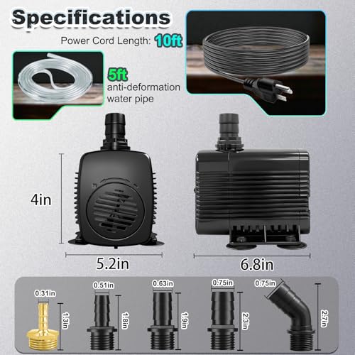 Image of 660GPH Submersible Fountain Pump with Tubing 10ft Outdoor Cord for Garden | Overheat Protection, Ground Cord with 3-Prong Plug Safer for Indoor and Outdoor Use