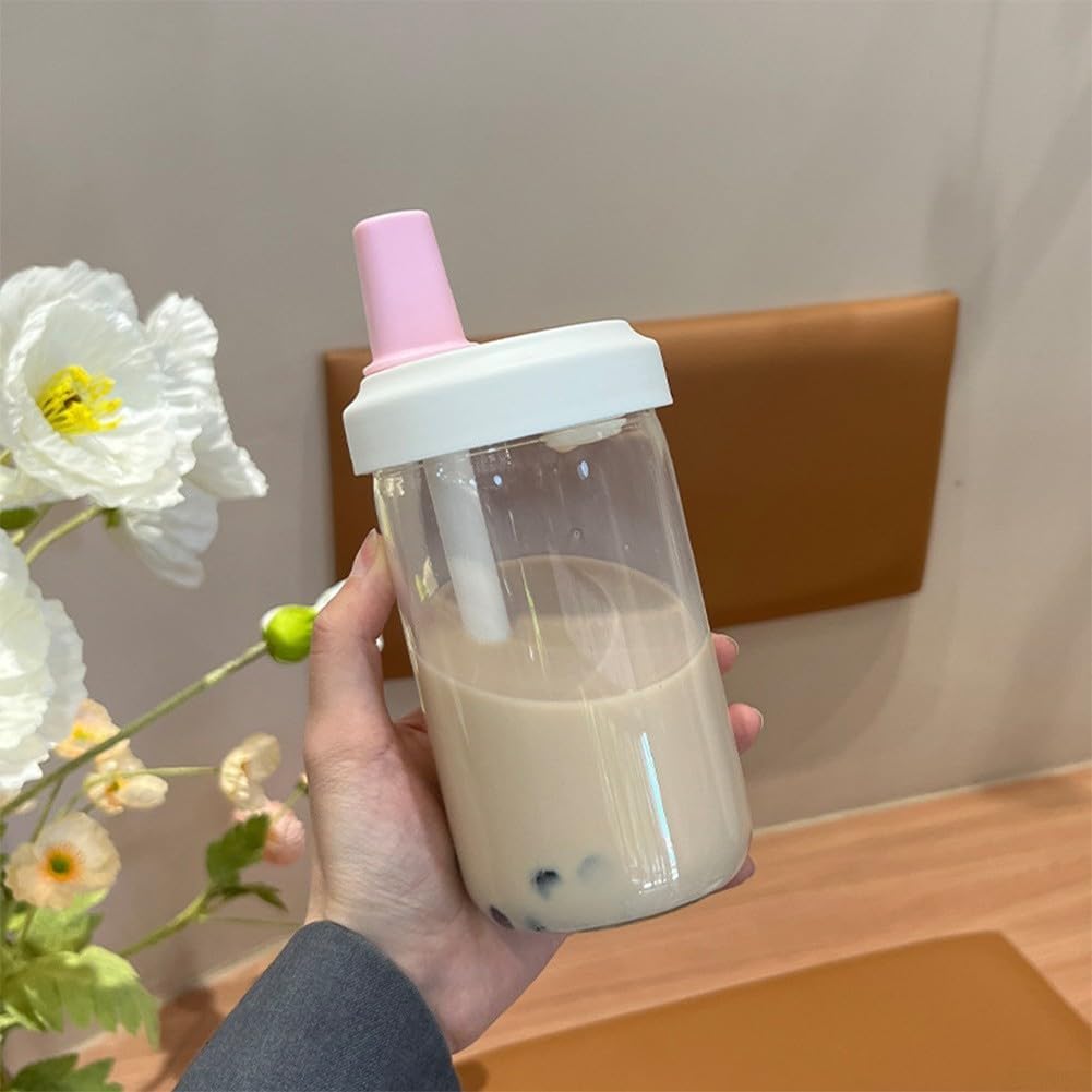 AIKEOU 500ml Straw Cup with Lid, Reusable Plastic Water Bottle for Juice Milk Bubble Tea, Leak-Proof Portable Drinkware for School Work Travel, White,Pink 500ml