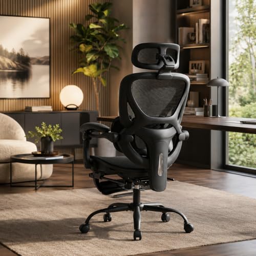 Image of MALOL Ergonomic Mesh Office Chair with Footrest, High Back Desk Chair with 5-Level Adjustable Lumbar Support, 3D Headrest, 130 Reclining Backrest, Adaptive Armrests, Home Office Computer Chair, Black