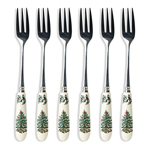 Spode Christmas Tree Pastry Forks (Set of 6) Stainless Steel Forks with Porcelain Handles for Holiday Meals 6-Inch Festive Christmas Flatware - Seasonal Tableware & Silverware Gift Set