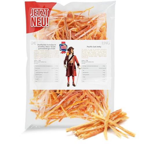 Pazifischer Kabeljau - Original (1kg XXL Pack) - natürlicher Snack getrocknet & gesalzen I Fitness Snack I Trockenfisch Omega 3 I Knabberspaß Beef Jerky Trockenfleisch Alternative