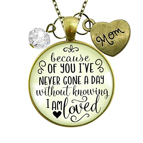 Gutsy Goodness PRNE24005630 Mother Necklace Because Of Your Love Boho Style Bronze Jewelry For Women Chain 24 Inch - Handmade Glass Family Quote Pendant, Heart Charm, Gift Package From Daughter Motherhood Friend Message Card & Box thumb #1