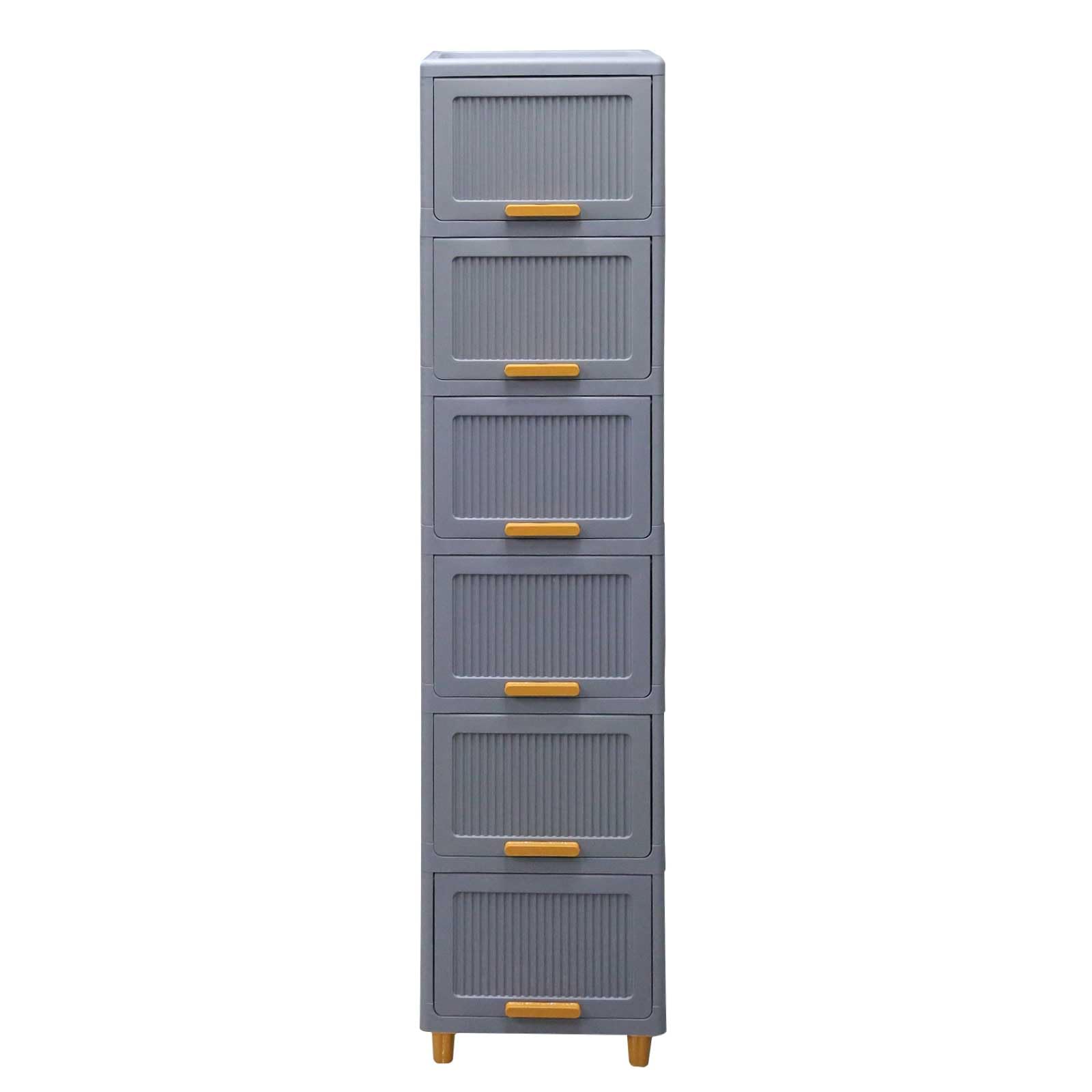 6-Tier Flip-Door Storage Cabinet with Wooden Handles,Plastic Stackable Storage Cabinet,Collapsible Shoe Storage Box with Lid,130x40x25cm Compact Closet for Bedroom Living Room,23l per Tier (Grey)