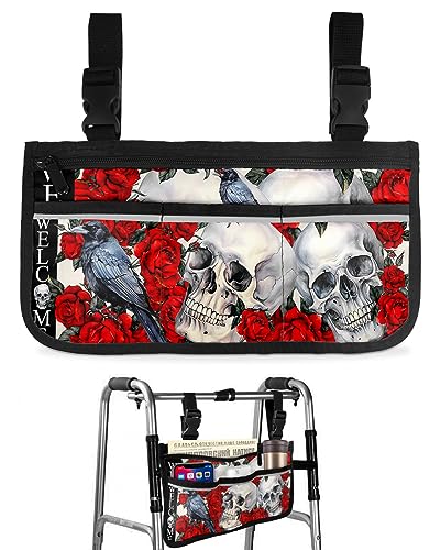 Anzona Halloween Wheelchair Side Bag Walker Bag, Welcome Skull Red Roses Floral Wheelchair Accessories Armrest Pouch, Organizer Storage Bag for Walkers, Rollators, Scooters, 7.3''x13''