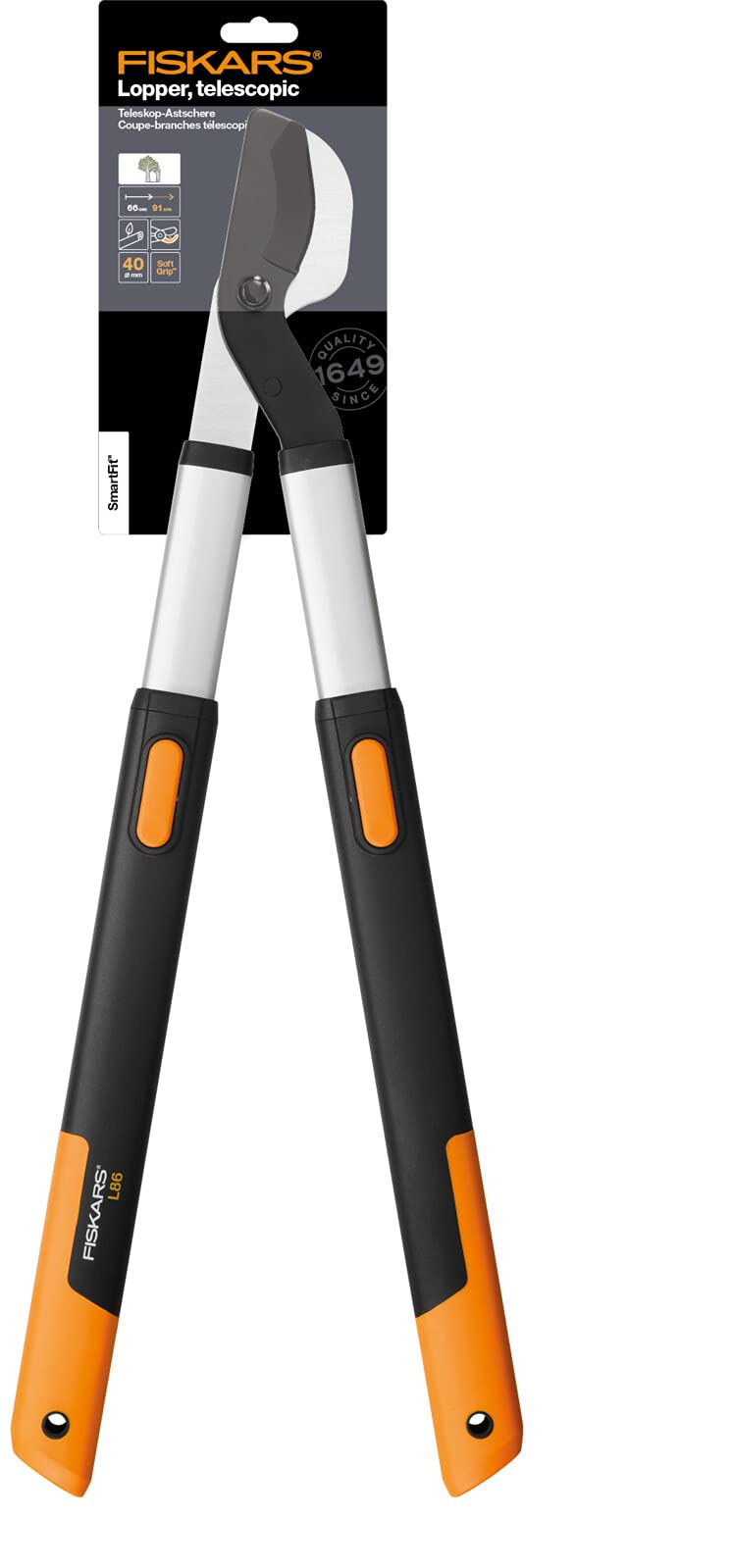Fiskars SmartFit Bypass-Teleskop-Astschere für frisches Holz, Antihaftbeschichtet, Gehärteter Präzisionsstahl, 66-90 cm, Schwarz/Orange, L86