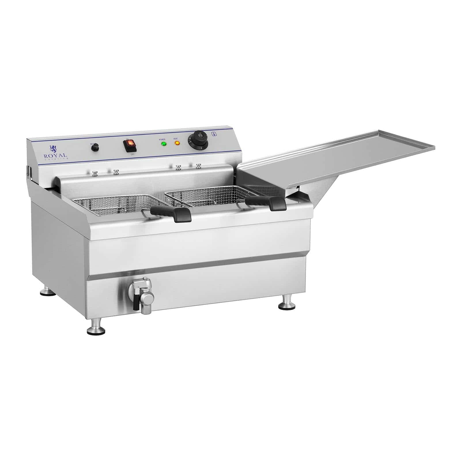 Royal Catering RCBG 30-2-B STH Fettbackgerät Fritteuse Friteuse Gastronomie (24 Liter, 9000 W, 400 V, Ablasshahn, Edelstahl, 2 Körbe)