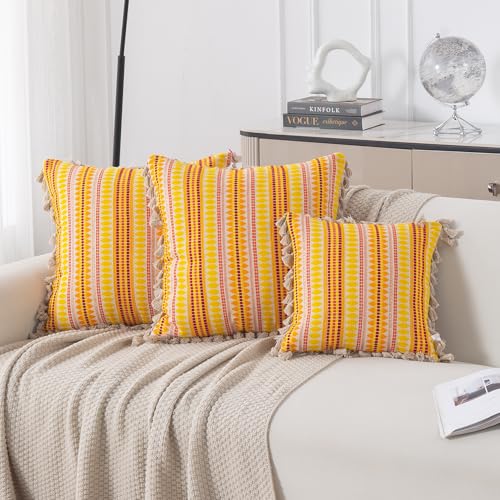 Image of HOKIPO 'Artisan Boho Series' Sofa Cushion Covers | 450 GSM Cotton Acrylic Jacquard | Tassel Design | 22x22 Inch (55x55 cm) | Pack of 2, Mustard Yellow (IN-906-A1*2)