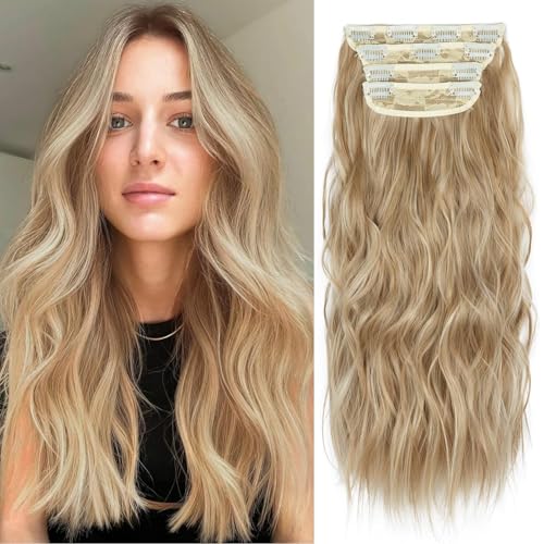 20 Inches Blonde Hair Extensions Clip ins, 4Pcs Curly Synthetic Clip in Hair Extensions (Color: Dark Blonde with Bleach Blonde Highlights)