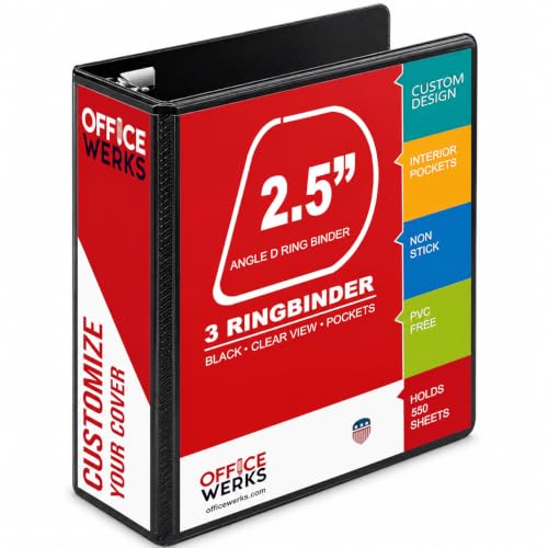 Image of 3 Ring Binder, 2.5 inch Professional Angle D-Rings, Presentation Folder for Standard Pages with Inside Pockets, Customizable Clear View Black Binder