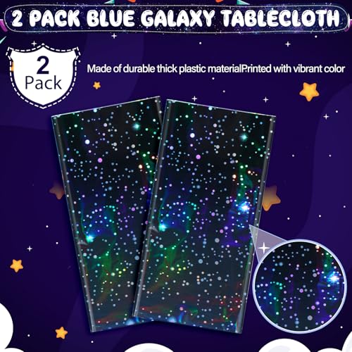 Image of 2Pcs Iridescent Space Tablecloths, Disposable Plastic Blue Galaxy Table Cloth Rectangle Table Covers for Space Starry Night Star Theme Party Birthday Party Decorations, 54x108 Inch