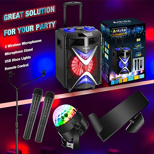 Portable Karaoke Machine for Adults and Kids, Ankuka Bluetooth PA Speaker Sound System with USB Disco Lights, 2 Wireless Microphones and Microphone Stand for Party Karaoke, Gifts for Boys and Girls - Thumbnail 4