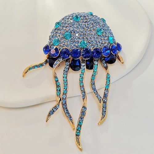 Image of Sparkles Big Blue Crystal Rhinestone Jellyfish Brooch Ocean Animal Jewelry
