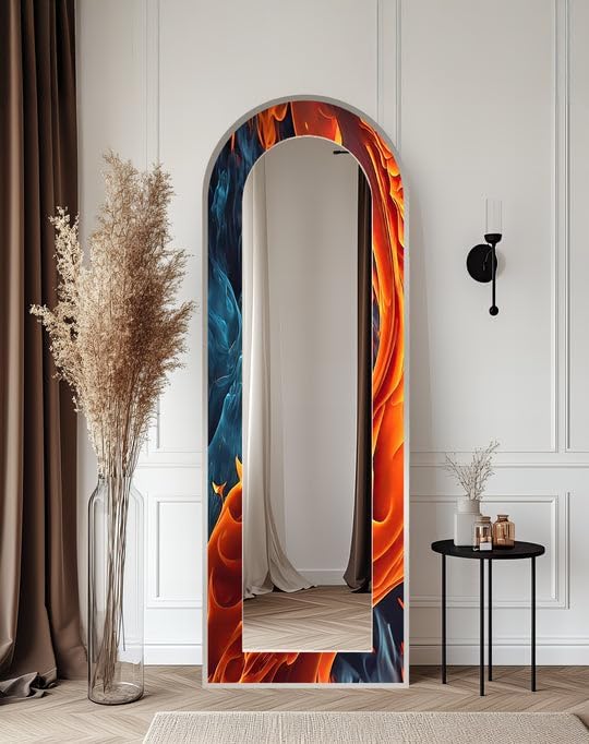 23,5’’W x 67’’H Fire & Ice Dual Flow – Abstract Floor Mirror Arched Full Lenght Mirror - Arch Full Body Stained Floor Mirror with Black Frame with Black Frame