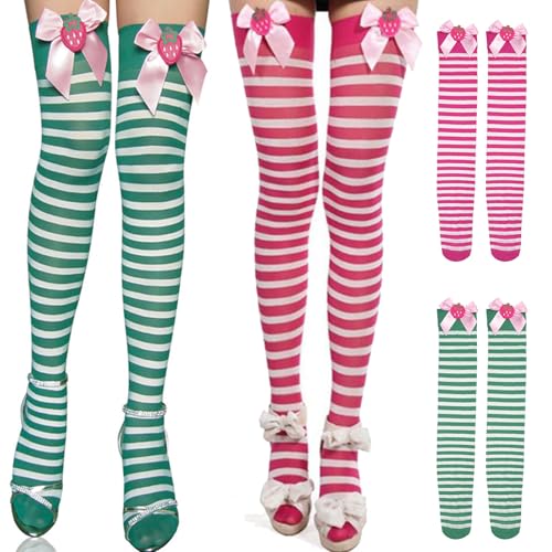 Green and White Striped Tights, Women’s Green and White Striped Thigh Highs Socks with Strawberry Pink Ribbon
