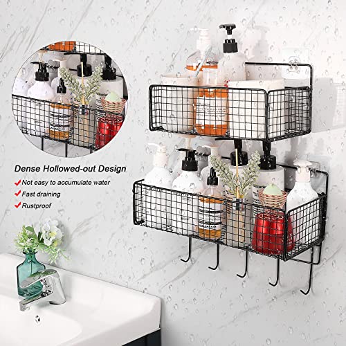 Livabber Adhesive Shower Caddy Basket Shelf With Hooks, All Metal Bathroom Organizer Shelf Rustproof Storage Basket No Drilling Wall Mounted, 2-In-1 Space Saving Kitchen Spice Racks, 2 Pack, Black #TOP3