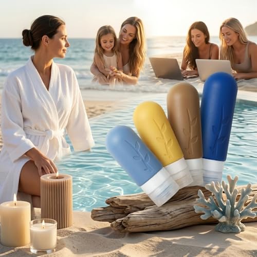 Image of DEPOZA Travel Bottles Kit (16 Pack) - TSA Approved, Leak Proof Silicone Squeezable Containers for Toiletries. Complete Set with Jars, Sprayers & Bag (Dark blue)