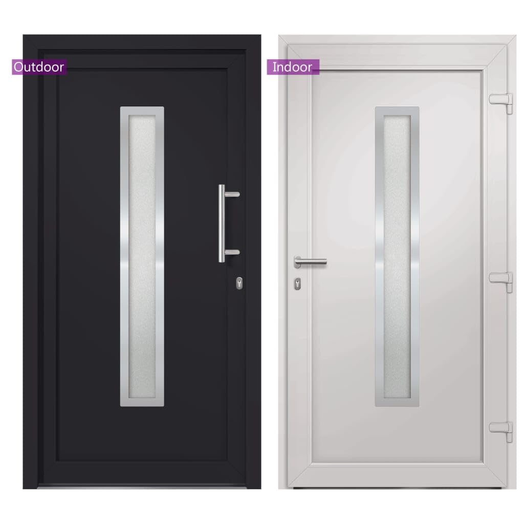 Drzwi frontowe antracytowe 88 x 200 cm PVC z rdzeniem warstwowym, 5-punktowy zamek, zawiasy 3D, szkło izolacyjne, UD 1,4 W/m²K, ogranicznik prawy, do użytku na zewnątrz