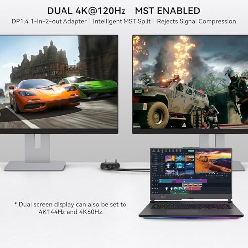 Image of Displayport to Dual Displayport Splitter Extended for Double Screen 4K@120Hz Display Port to 2 DP Adapter for Computer Graphics Cards Support MST & SST Mode