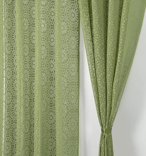 Image of Fabrilia Semi Sheer Geometric Pattern Door Net Curtains 9 feet Long Set of 2 for Living Room /Bedroom, Green, Grommet