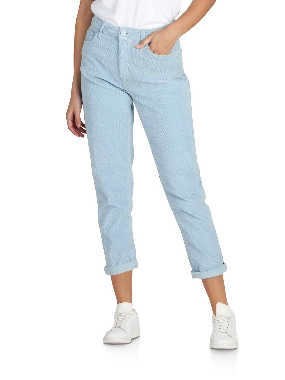 DENIMFY Cordhose Damen Mom Fit High Waist Gerades Bein Stretch DFLisa Cord Hose Pants Reißverschluss Taschen Einfarbig Grau Rose Blau Beige Grün S M L XL XXL