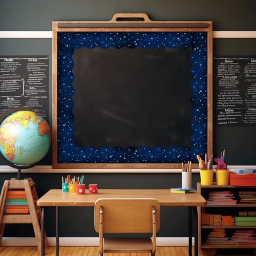 Image of Whaline Galaxy Bulletin Board Borders Space Border Trim Blue Starry Night Sky Die-Cut Scalloped Border Trim for Back to School Classroom Office Chalkboard Decoration