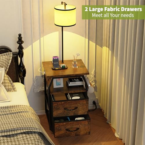 Image of runjuly Floor Lamp with Table, End Table with Light and Charging, Rustic