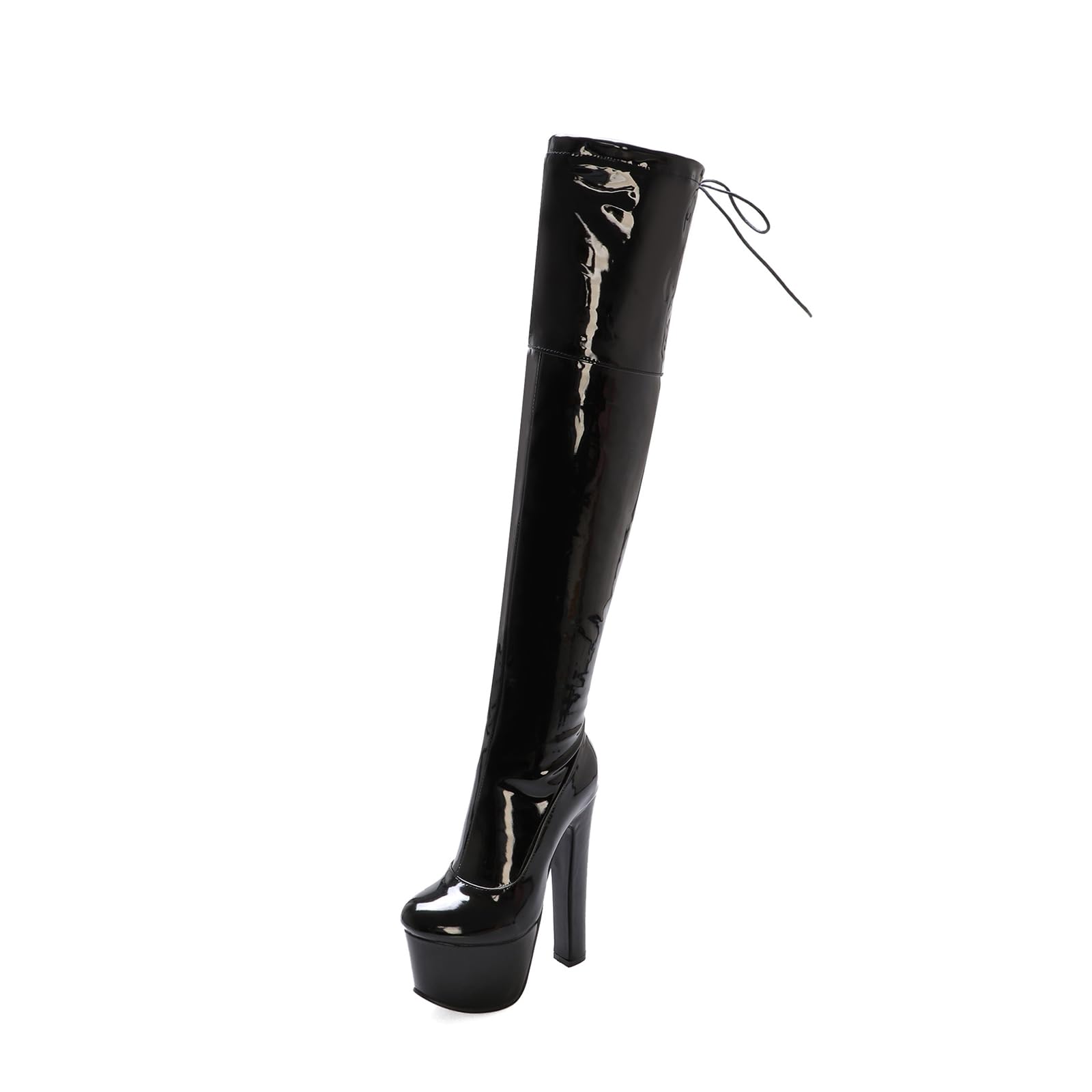 17CM / 6.69IN Bottes en Cuir Verni Talons Hauts épais Grande Taille Bottes pour Femmes Automne et Hiver Sexy Nightclub Back Strap Bottes de Mode