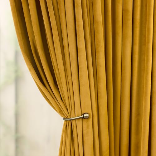 Image of Halloween Warm Gold Velvet Curtains 72 Inch Length for Bedroom Living Room Darkening Drapes for Family Room Holiday Fete Back Loop Pocket Classic Privacy Panels for Summer Winter Mustard Yellow Golden