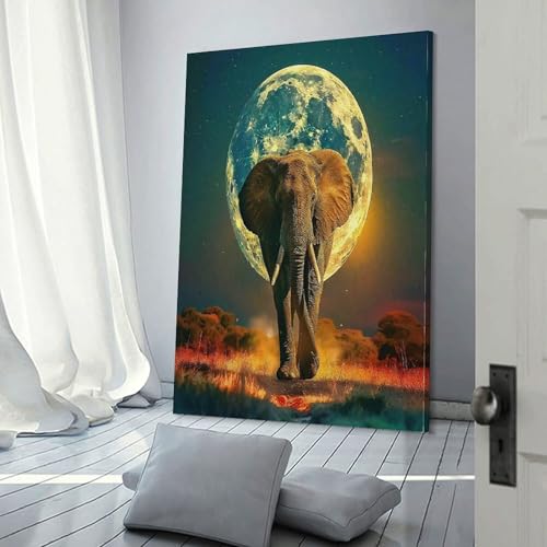 Éléphant murale lune peinture sur toile décoration grand format 60x90