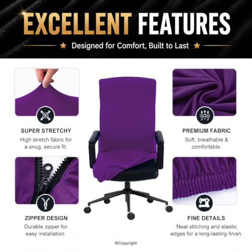 Image of Stretch Computer Office Chair Cover with Durable Zipper - Universal Washable Removable Spandex Rotating Boss Chair Slipcovers - Anti-dust Soft Desk Chair Seat Protector for Dogs, Cats, Pets (Purple)