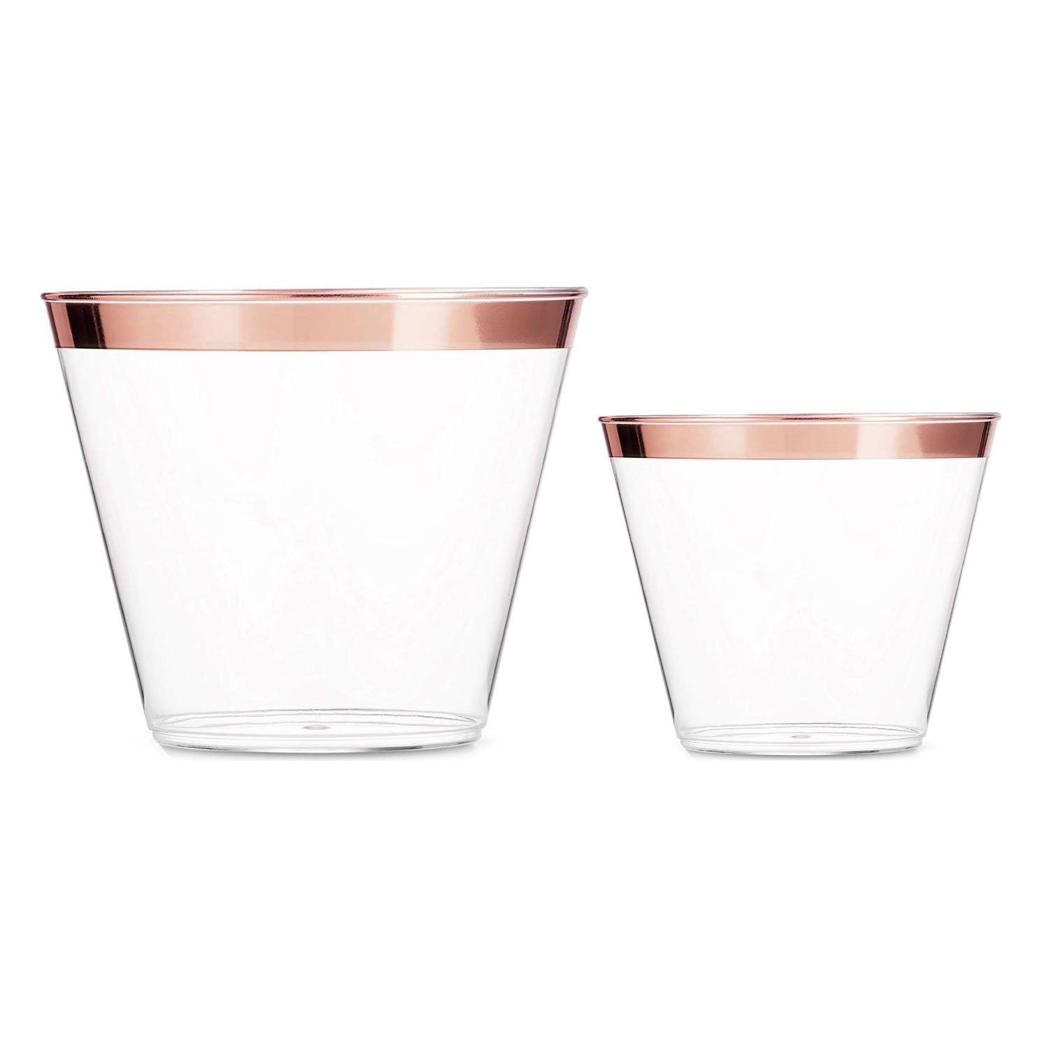 100 Rose Gold Plastic Cups 9 Oz | Bonus 5oz Cups | Disposable Wedding Cups | Clear Plastic Cups | Old Fashioned Tumblers | Rose Gold Rimmed Cups | Fancy Elegant Party Cups with Rose Gold Rim