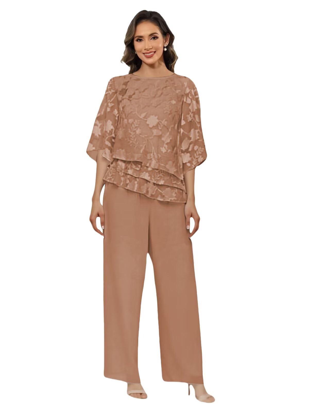 Plus Size Floral Taupe Mother of The Bride Pant Suits for Women 2 Piece Half Sleeve Formal Wedding