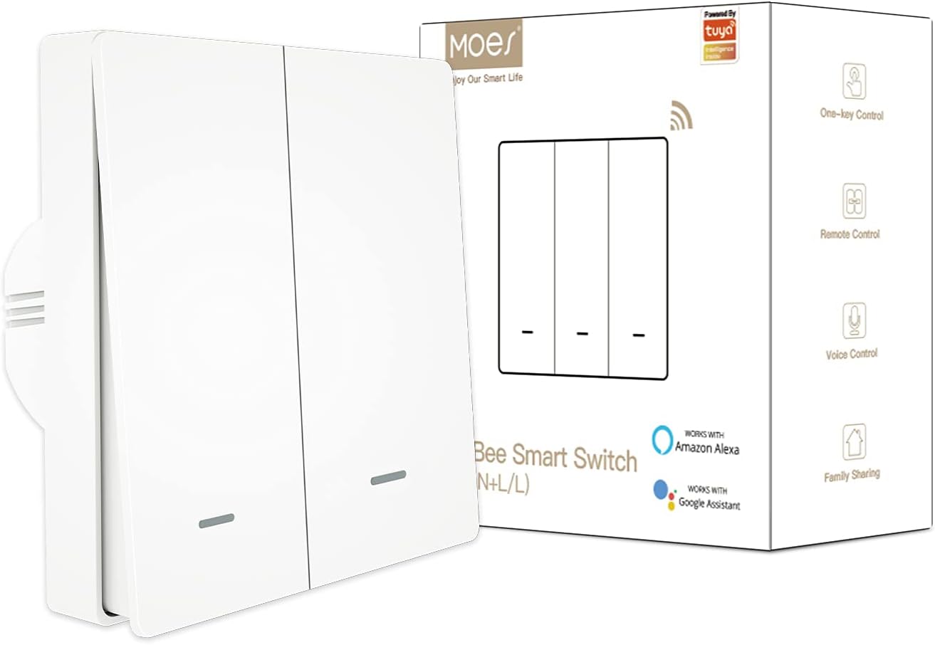 ZigBee Smart Wall Light Switch, No Neutral Wire Required/Neutral Optional 2-in-1 Design, No Capacitor Needed, Tuya ZigBee Hub Required, 2-Gang White
