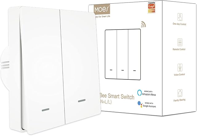 MOES ZigBee Smart Wall Light Switch No Neutral Wire Required, No Capacitor Needed, Smart Life Tuya Remote Control, Works with Alexa, Google Home, Tuya ZigBee Hub Required, 2 Gang, White