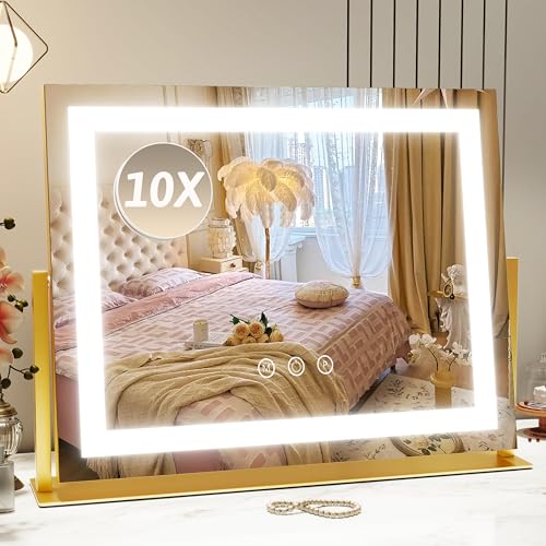 Image of ROLOVE Vanity Mirror with Lights 22 inchx18 inch, Lighted Makeup Mirror with 10X Magnification, Smart Touch 3 Colors Dimmable, 360 Rotation, Women Gift, Dresser Mount, Bathroom (Gold)