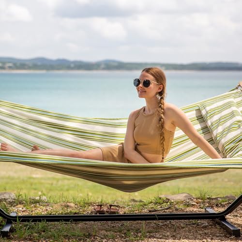 Image of SUNCREAT Portable Double Hammock with Stand, 475 lbs Capacity, Heavy Duty Two Person Hammock with Stand Included, Green Stripe