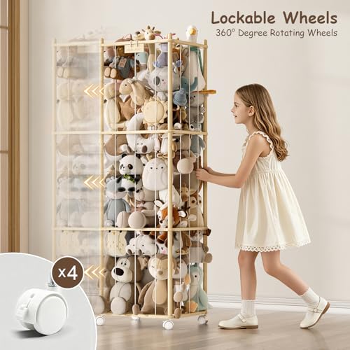 Image of Stuffed Animal Storage Zoo with Wheels,Montessori-Inspired Solid Pine Wood Plush Toy Organizer,Extra Tall Stuffed Animal Holder with Thick Elastic Cords for Nursery,Kids Room and Bedroom,Extra Large