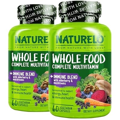 NATURELO Whole Food Multivitamin + Immune Blend with Elderberry & Mushrooms - Complete Multivitamin with Extra Immune Support - C, D3, Zinc, Elderberry, Reishi, Shitake, 60 Vegan Capsules (Pack of 2)