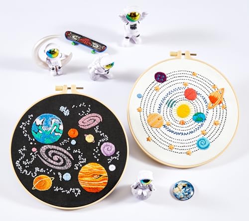 Image of Armindou Embroidery Kit for Adults Beginners, Hand Embroidery Starter Kit with Solar System Patterns, Counted Stamped Cross Stitch Needlepoint Kit for Beginner Adult, 2 Set Embroidery Supplies /Hoop