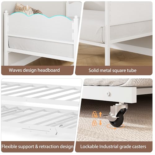 Image of Daybed with Trundle, Metal Twin Size Day Bed with Industrial Wood Grain Headboard, Metal Slat Support & Lockable Casters, Space-Saving Sofa Bed for Living Room /Guest Room, No Box Spring Needed, White