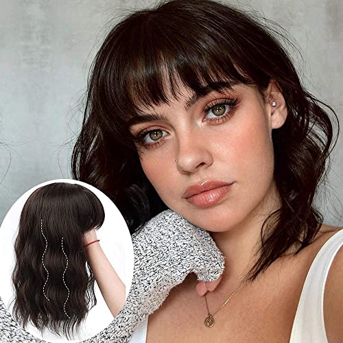 Beweig Dark Brown Wig with Bangs Synthetic Short Curly Wave Bob Wigs for Women Natural Looking Hair for Daily Wear,(14 inches)