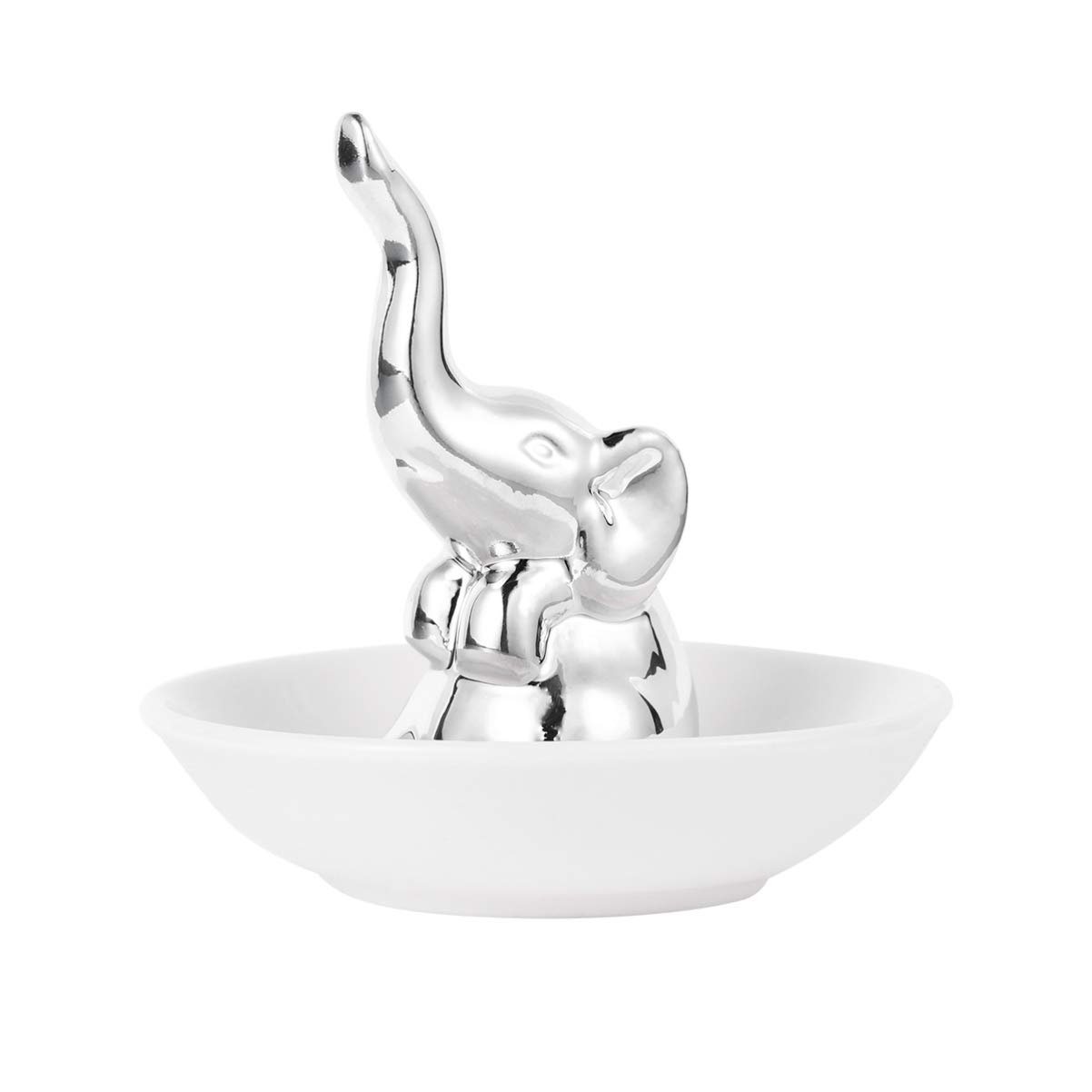 Vosarea Silver Elephant Ring Dish Holder Ceramic Animal Ring Holder Jewelry Plate Trinket Dish Necklace Earrings Rings Display Organizer (Silver)