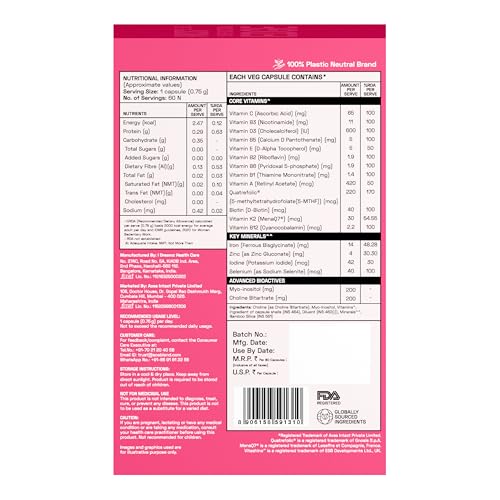 Image of Ace Blend Multivitamin Capsules for Women | Pack of 60 | With Iron & Methylated Multivitamin | 19 Essential Nutrients with Quatrefolic, MenaQ7 K2 & Vitashine D3 | Supports Hormonal Balance & Immunity