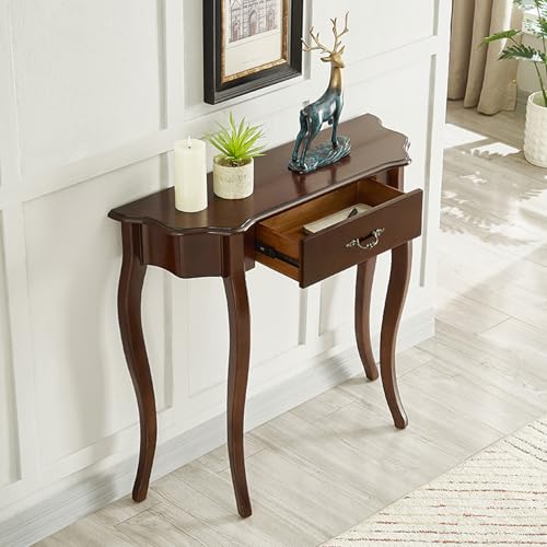 Consola de madera maciza con cajón, mesa de entrada semicircular, mesa decorativa tradicional vintage, mesa auxiliar de porche en forma de media luna, elegante escritorio vintage (marrón, 89 x 28 x 80