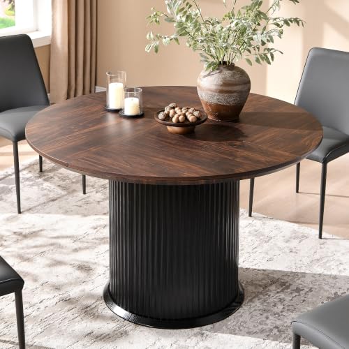 Image of T4TREAM 47 inch Fluted Round Dining Table for 4-6 People,Walnut & Black