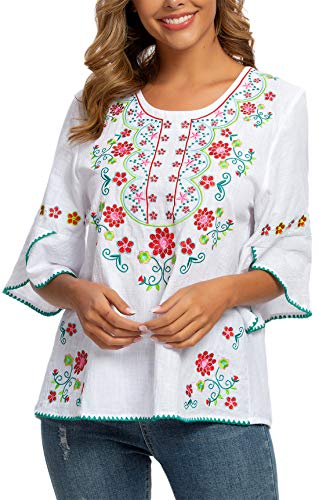 Image of Mexican Shirts Peasant Blouses for Women Cotton Embroidered Blouses Fiesta Summer Bohemian Shirts 3 /4 Sleeves