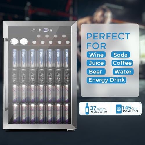 COWSAR 4.5 Cu.Ft Wine Fridge 37 Bottle, ETL Approved Freestanding Wine Cooler 145 Can Beverage Refrigerator with Stainless Steel Reversible Glass Door, Drink Fridge for Home Bar, Kitchen, Game Room on Fridge.com