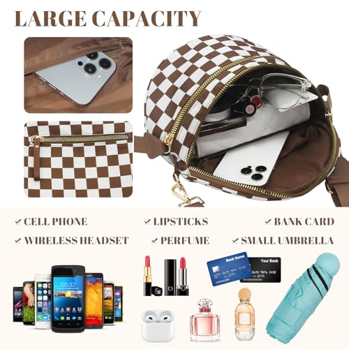 Image of WOOMADA Checkered Crossbody Bag Bum Bag for Women, Fanny Pack Checkered Purse, Belt Bag with Shoulder Strap(Brown Checkerboard)