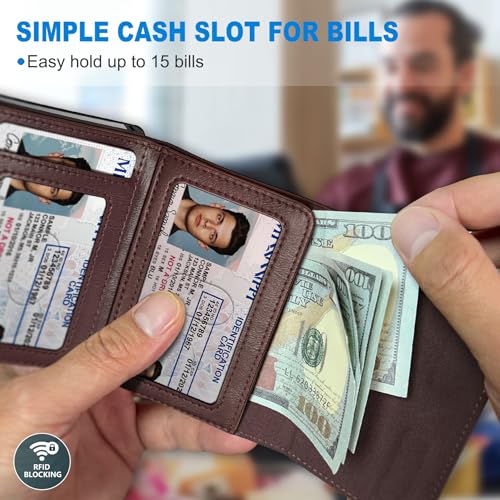 Image of miyozi Airtag Wallet for Men,with Cash Pocket 2 ID Window 9-12 Cards,Metal Case Smart Slim Pop Up Credit Card Holder Flip with Magnetic Closure RFID Blocking Trifold wallet with Gift Box